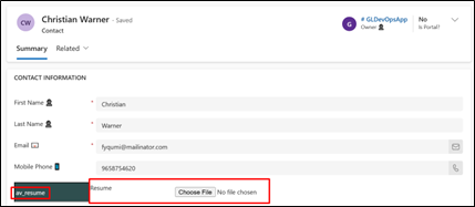 Contact form in PowerApps showing file-type field for secure file upload