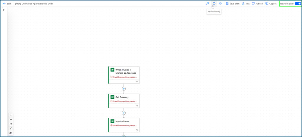 Power Automate flow designer displaying a failed connection for steps like 'When Invoice is Marked as Approved' and 'Get Currency'.