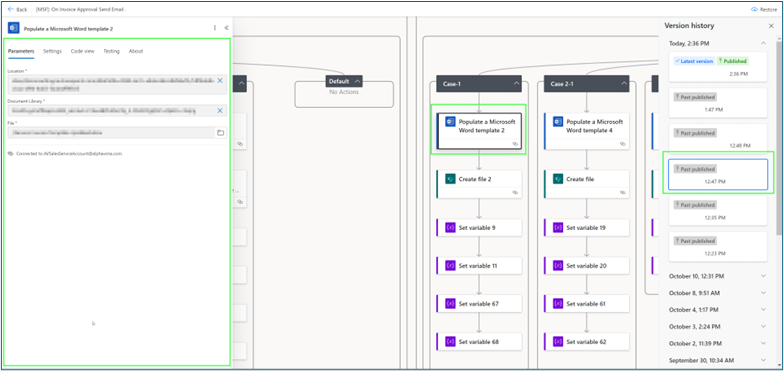 Power Automate displaying side-by-side version history comparison of a flow with highlighted changes.
