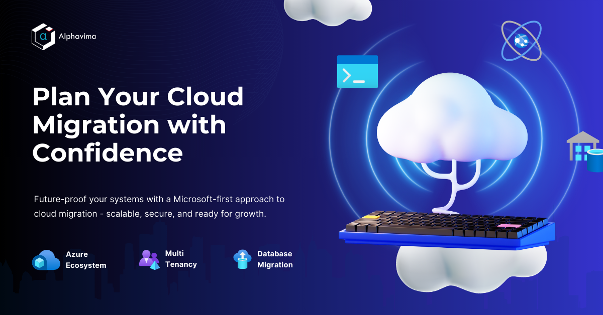 Business roadmap for cloud migration showing servers, cloud architecture, secure data transfer, and Microsoft Azure elements, symbolizing strategic system transition planning.