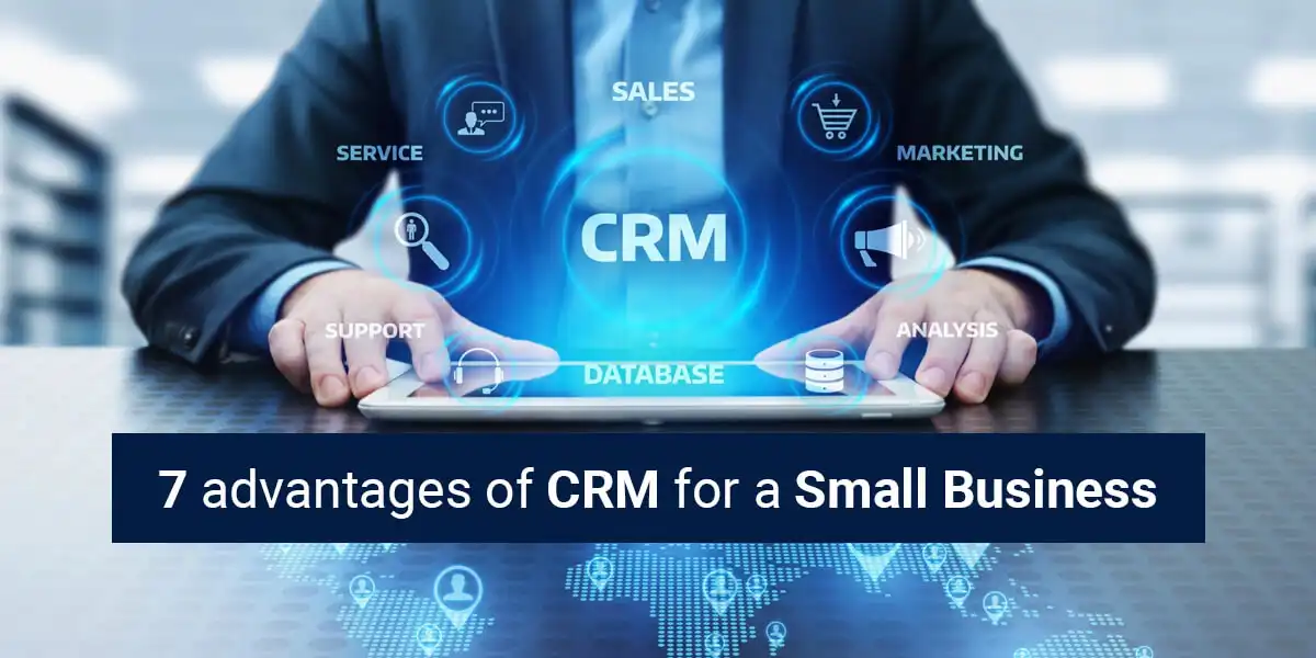 Illustration showing CRM features for small business including sales, support, marketing, and analytics