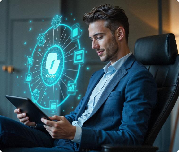 Professional using Microsoft Copilot AI interface on tablet with business tool icons