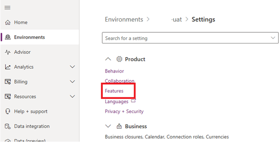 Navigate to Features section under product settings to connect D365 CRM to SQL Server