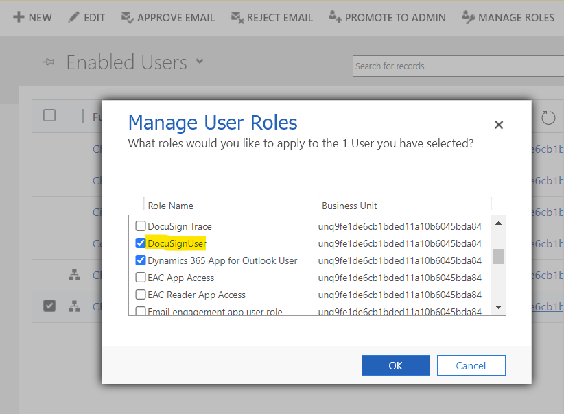 Manage DocuSign user roles in Dynamics 365