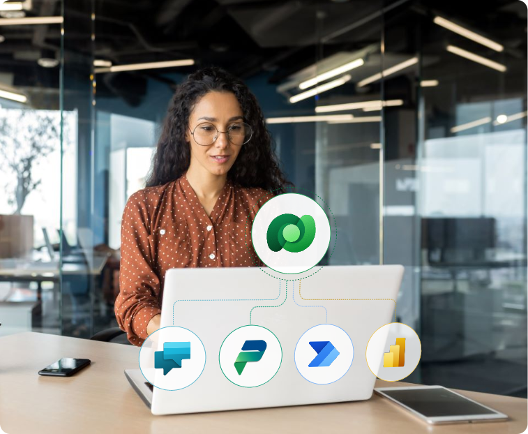 A business user working on a laptop with Microsoft Power Platform icons including Power Apps, Power Automate, Power BI, and Power Virtual Agents integrated into Dynamics 365.