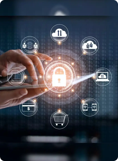Person interacting with a tablet surrounded by digital icons representing business functions and data security